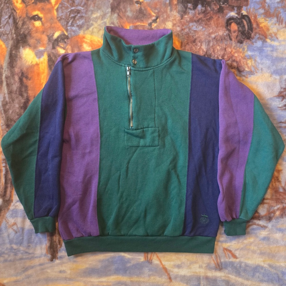 90s Honors Retro Colorblock Rugby Striped Vintage Quarter Zip Fleece sz L/XL